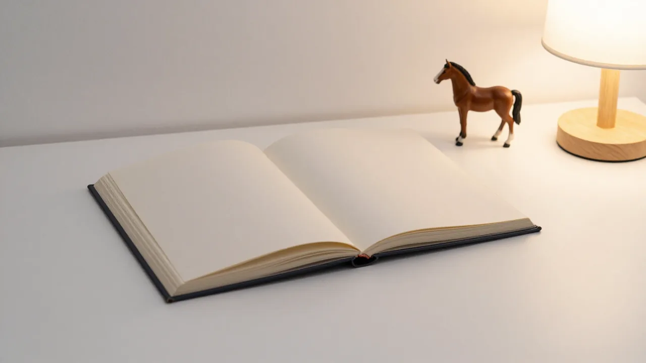 closed family album, horse figurine, soft lamp
