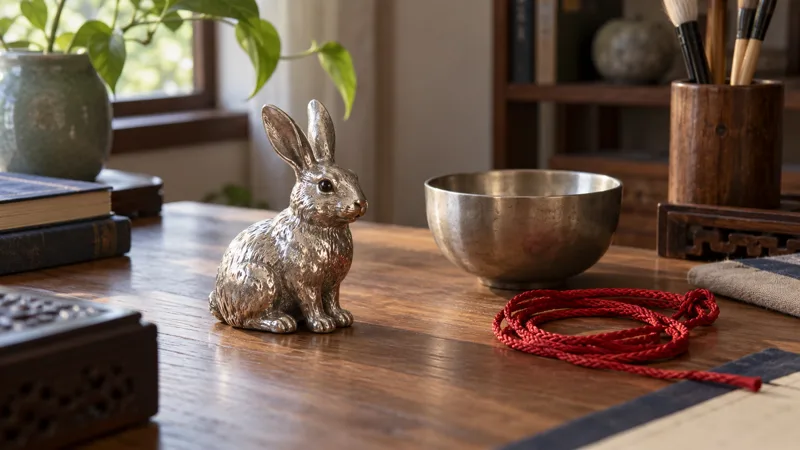 Silver rabbit figurine beside a metal bowl and red cord on a wooden desk