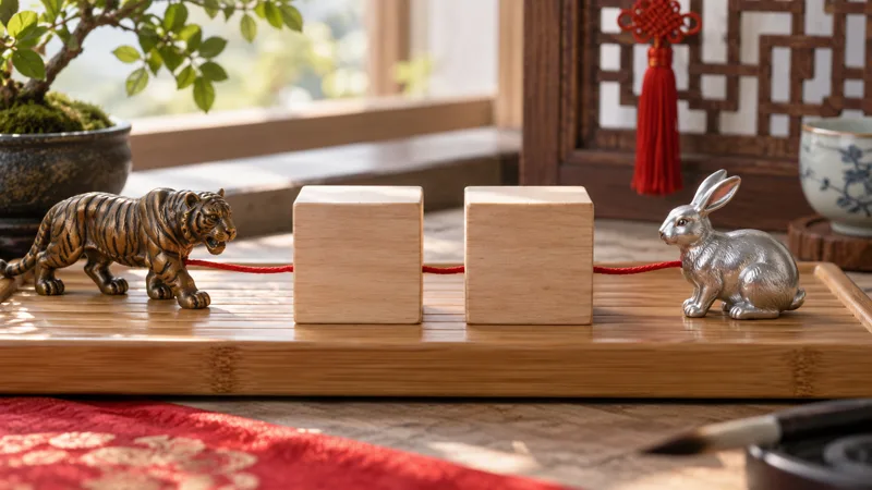 Tiger and silver rabbit figurines separated by blank wooden blocks and red cord