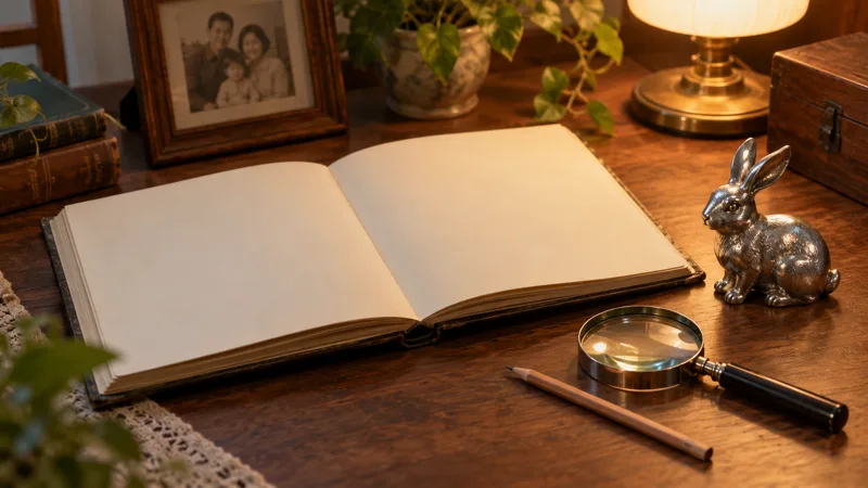 Blank family album beside a silver rabbit figurine, magnifying glass, and pencil