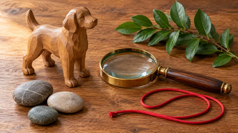 Wooden dog figurine, magnifying glass, stones, green leaves, and red cord