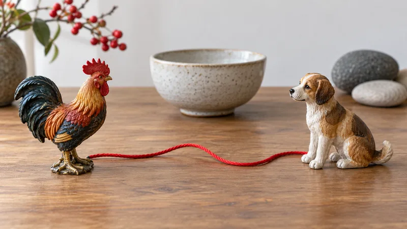 Rooster and dog figurines on opposite sides of a red cord