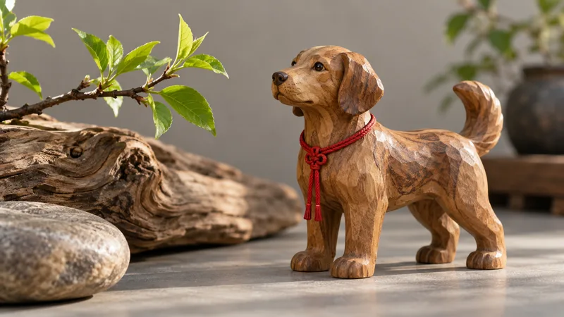 Wooden dog figurine beside a green branch, driftwood, stone, and red cord