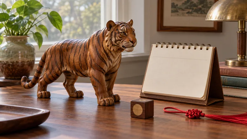A carved wooden tiger beside a blank vintage calendar and red cord
