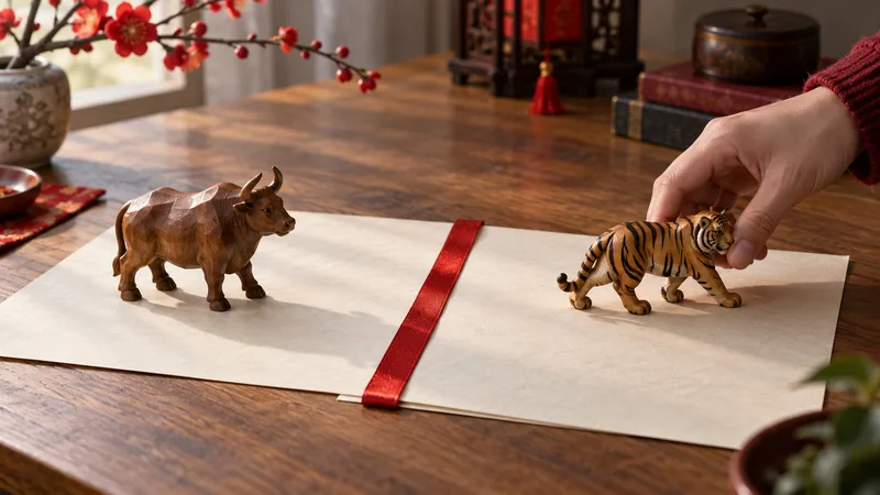Wooden ox and tiger figures separated by a red ribbon marking a calendar boundary