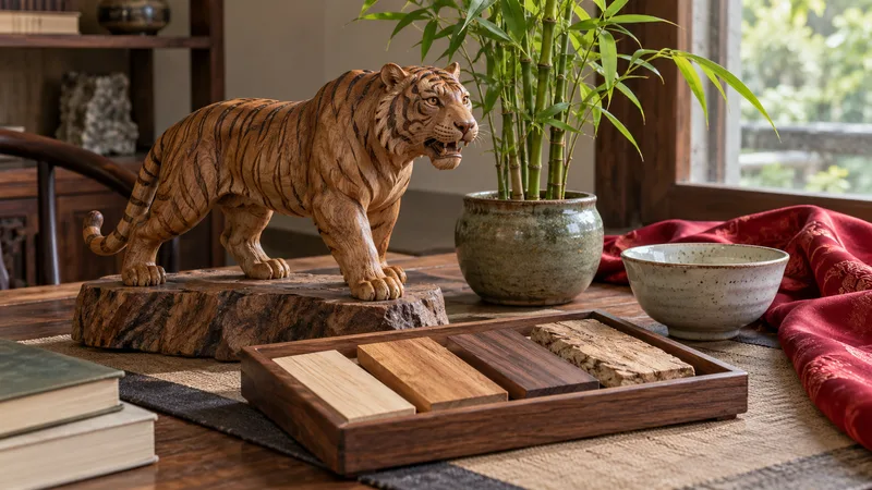 A wooden tiger with bamboo and natural wood samples illustrating the Wood element