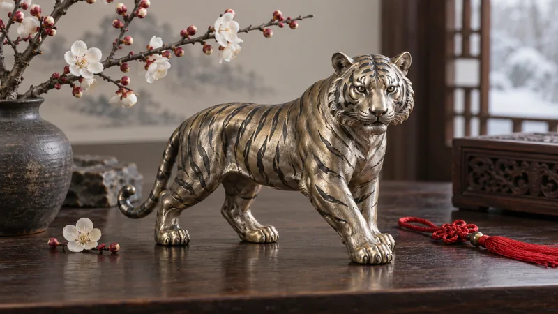 Brushed-metal tiger figurine with winter plum and a red cord on a wooden table