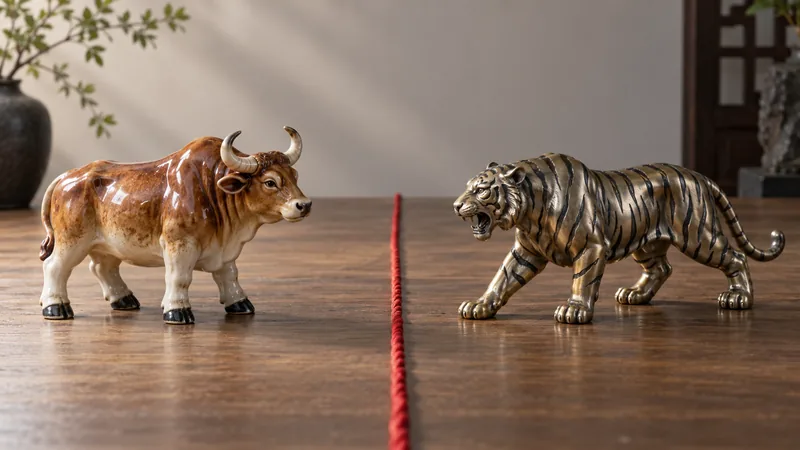 Ceramic ox and metal tiger figurines separated by a red cord boundary