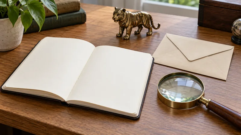 Blank notebook, archival envelope, magnifying glass, and metal tiger figurine on a desk