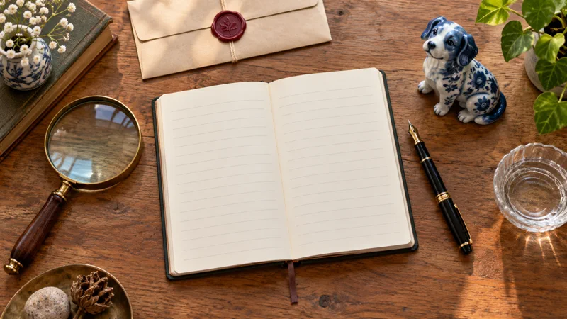 Blank notebook, magnifying glass, envelope, pen, water dish, and ceramic dog on a desk