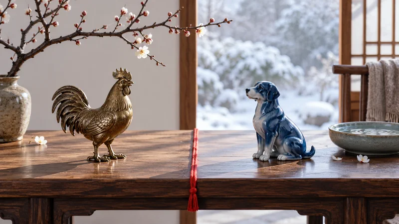 Metal rooster and blue ceramic dog figurines on opposite sides of a red cord