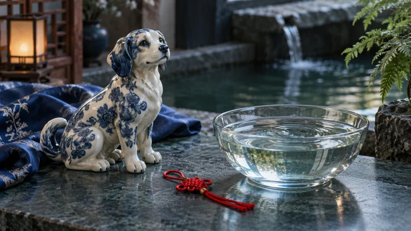 Blue-and-white ceramic dog beside a bowl of water, blue silk, and a red cord knot