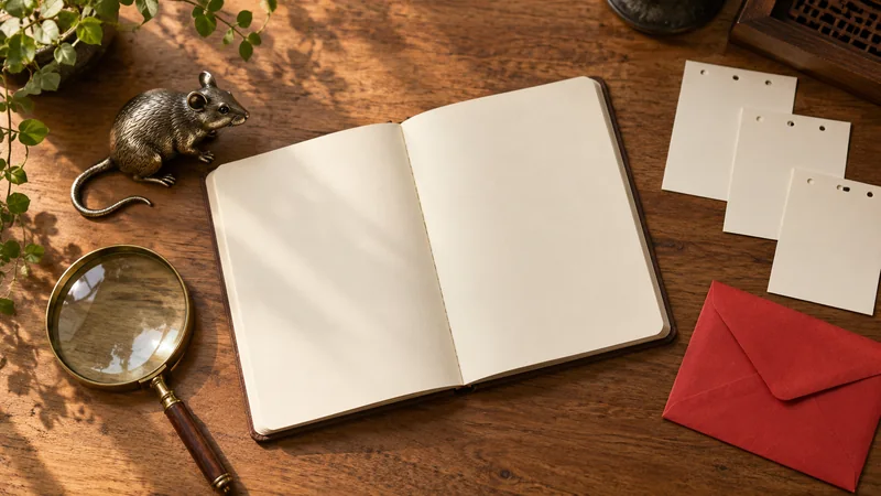 Blank notebook with a metal rat figurine, magnifying glass, and red envelope