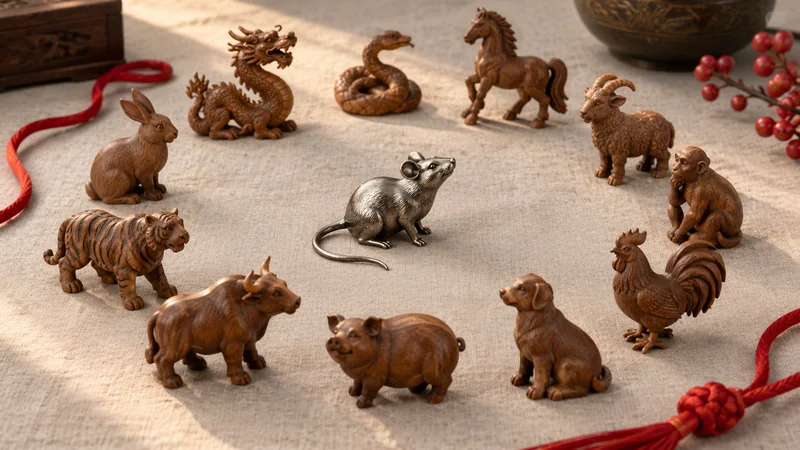 Metal rat sculpture surrounded by twelve wooden zodiac animal figurines