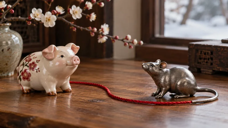 Ceramic pig and metal rat figurines separated by a red silk cord