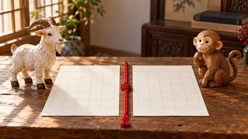 Goat and monkey figurines separated by blank calendar sheets and a red cord