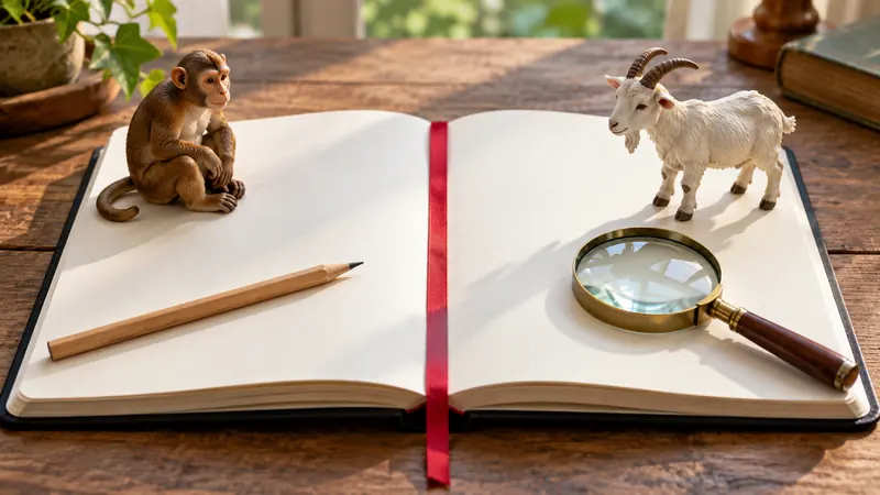 Blank notebook with monkey and goat figurines, a pencil, and a magnifying glass