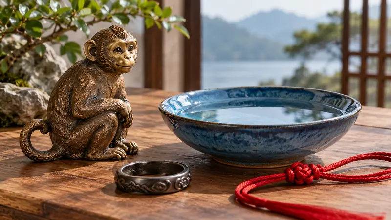 Bronze monkey figurine beside a blue water bowl, metal ring, and red cord