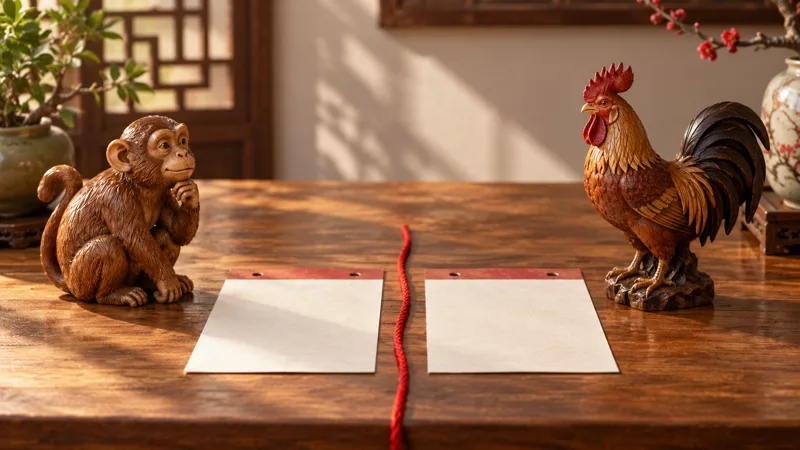 Monkey and rooster figurines separated by blank sheets and a red cord