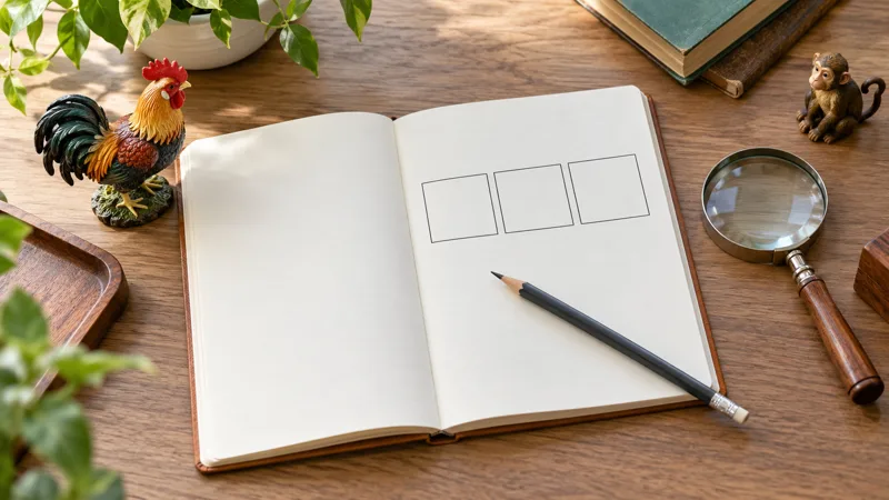 Blank notebook with rooster and monkey figurines, pencil, and magnifying glass