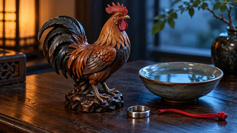 Carved rooster beside a bowl of water, metal ring, and red cord